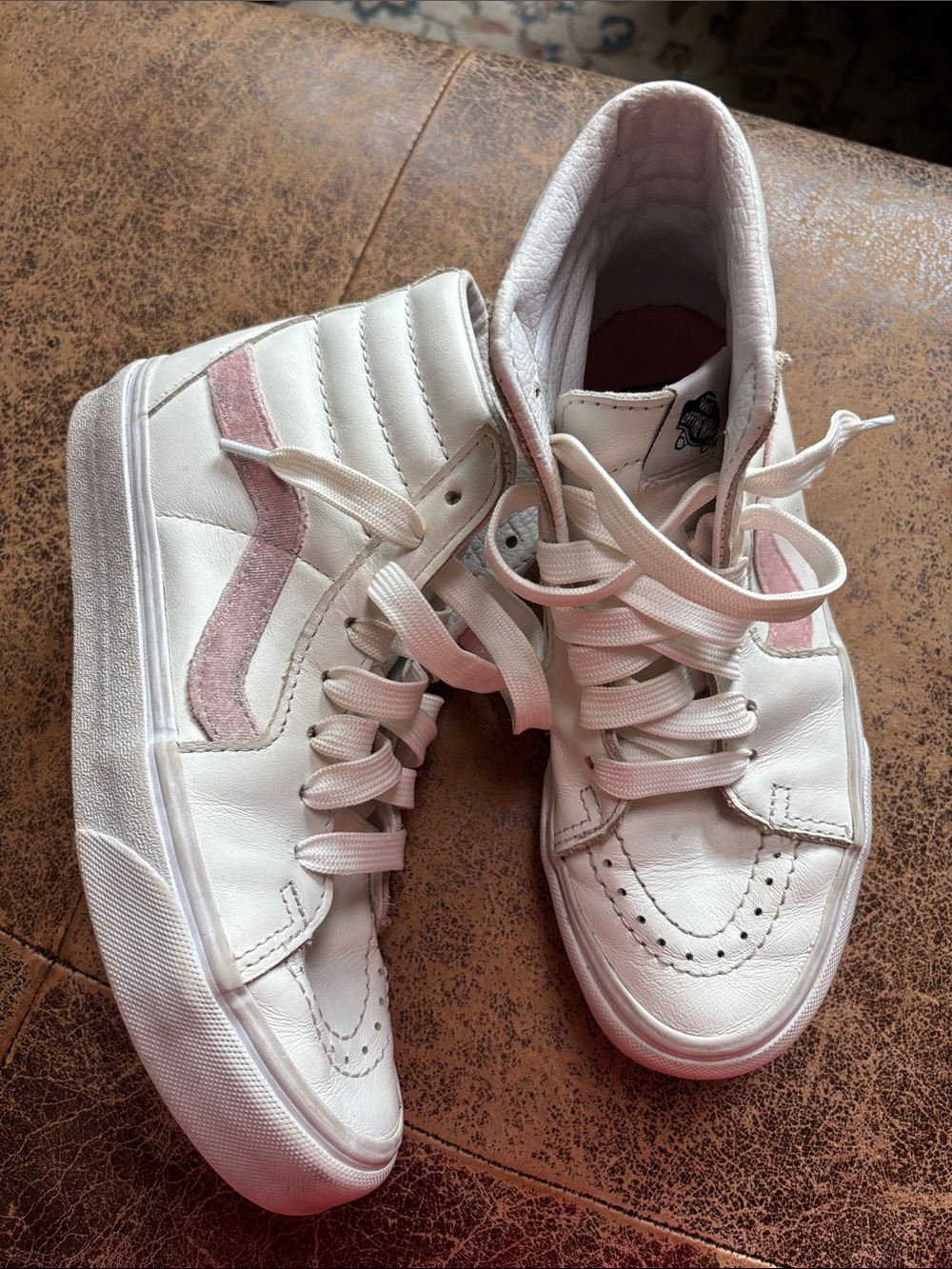 Vans Women’s High-Top Sneakers in White with Light Pink Accent